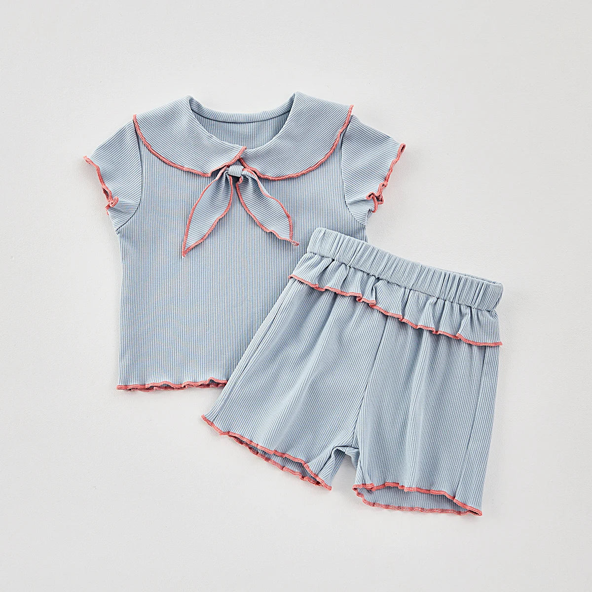 Summer baby girls 2-piece doll neck bow short sleeve top + shorts casual suit