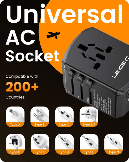 LENCENT Universal Travel Adapter International Plug Adaptor with 2 USB-C +2 USB-A Ports Wall Charger for EU UK USA AUS Travel