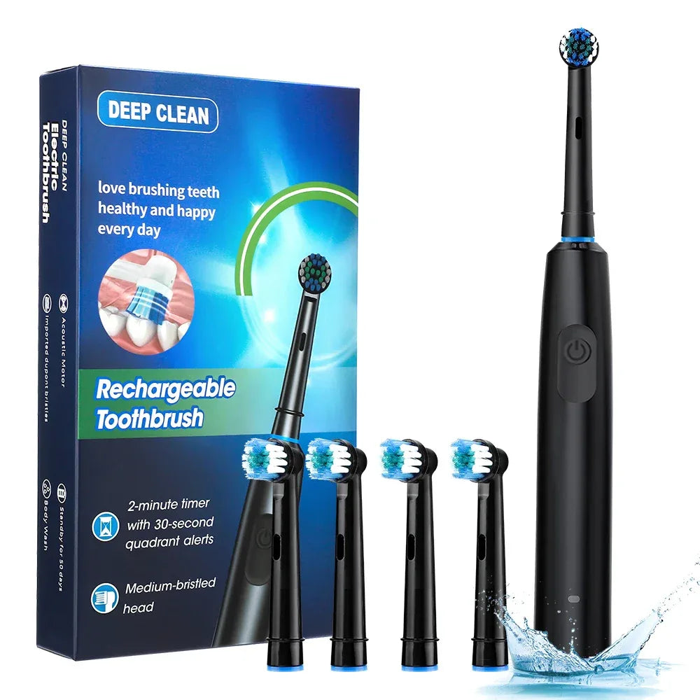 Smart Rotating Electric Toothbrush Rechargeable Rotary Toothbrush with 4 Soft Replacement Heads for Adults