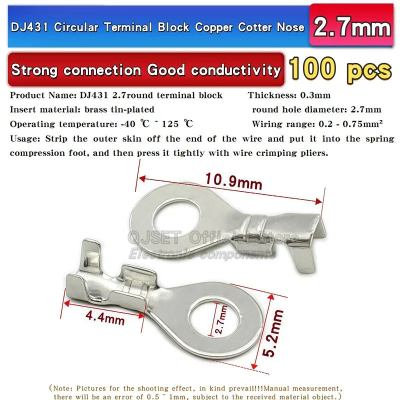 100PCS Circular Terminal Blocks DJ431 O-ring lugs Cold pressed connectors Copper lugs Terminal blocks Open ended bare ends 6.3mm