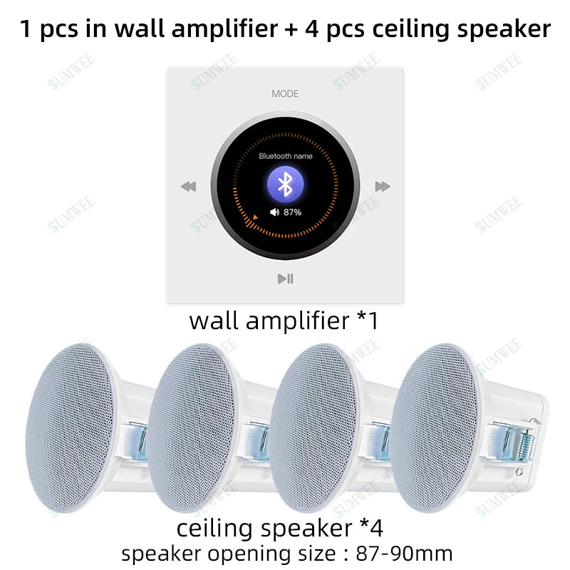 Home Background music player system audio in wall power amplifier bluetooths TF USB FM radio AUX controls panel ceiling speakers