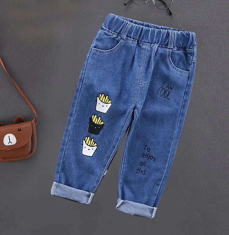 Spring Autumn Children Jeans Boys Cotton Print Splice Stretch Denim Pants Korean Teenage Trousers Wear Kids ClothingDenimRipped