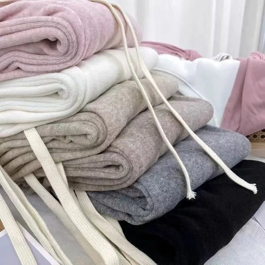 Pantalon d'automne-hiver en peluche pour femme, coupe droite et évasée, taille haute élastique, style décontracté et tendance, en laine tricotée.