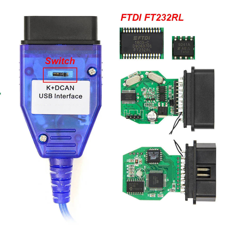 For K DCAN K+CAN FTDI Chip OBD2 Auto Car Diagnostic Tools OBD 2 Scanner Switch USB Interface Cable K + DCAN