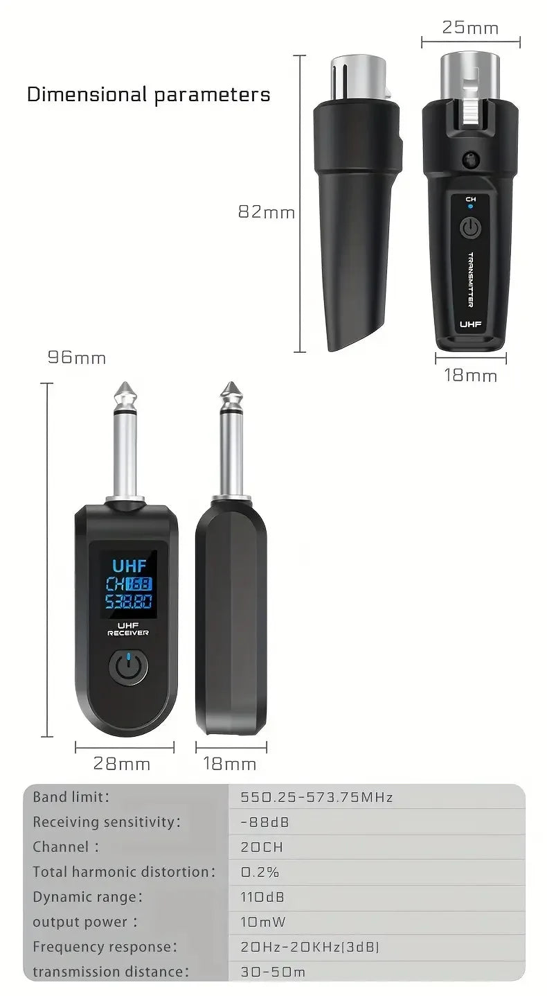 UHF Wireless Microphone System XLR Transmitter Receiver For Dynamic Mic Guitar Audio Mixer PA System