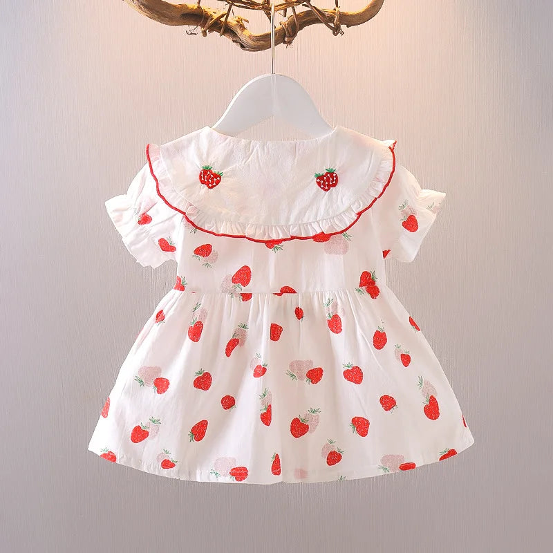 Summer New Style Baby Girls Dress Short Sleeve Flower Fake Two-Piece Shoulder Strap Dress Cute Princess Wedding Party Costume