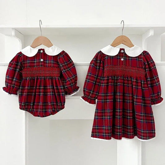New Year's Party Clothes Christmas Toddler Kids Baby Girls Clothes Sister Matching Xmas Bodysuit Dress Outfits Red Plaids Sets