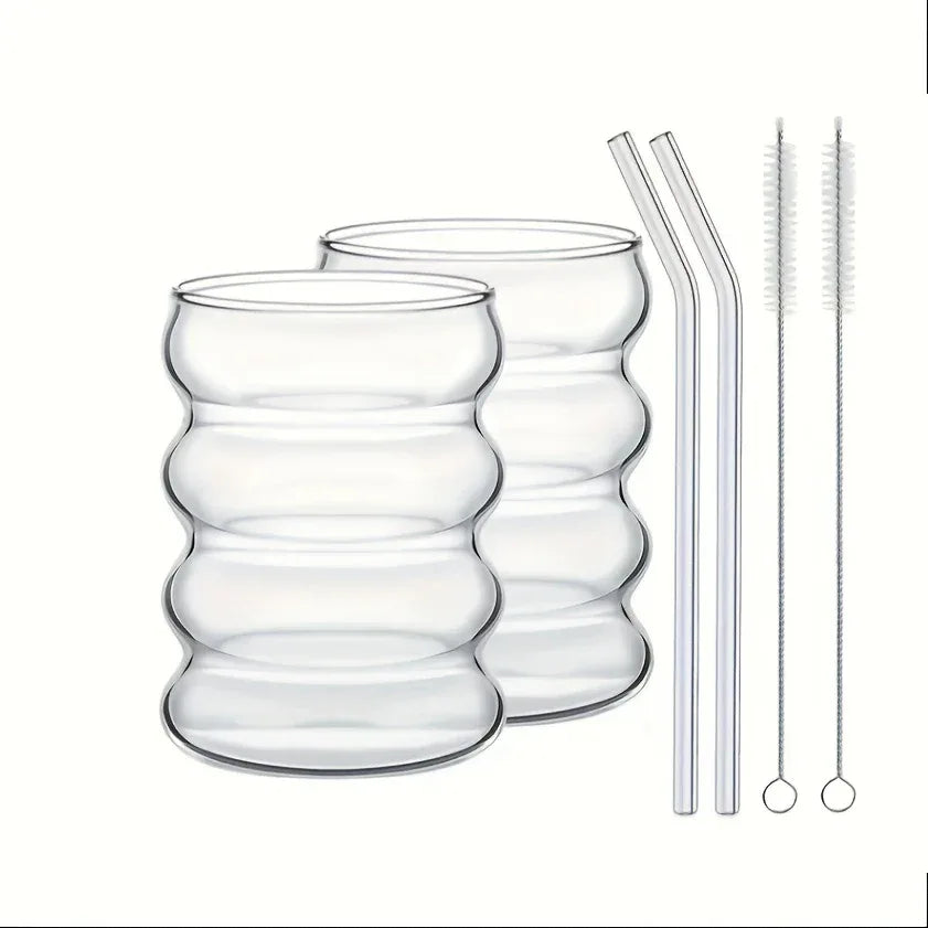 2 High Borosilicate Glass Coffee Cups 350ML/11.8oz with Straw and Brush, Vintage Ripple Design, Transparent Aesthetic Drinkware