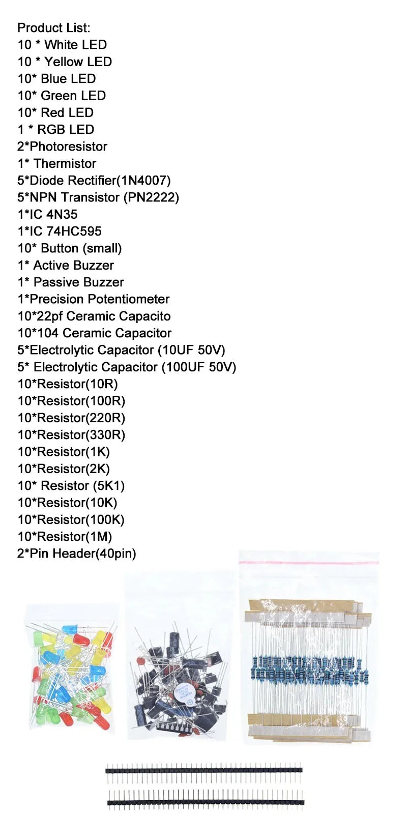 Electronics Components Basic Starter Kit for Arduino UNO Pi with LED Buzzer Capacitor Resistor Button