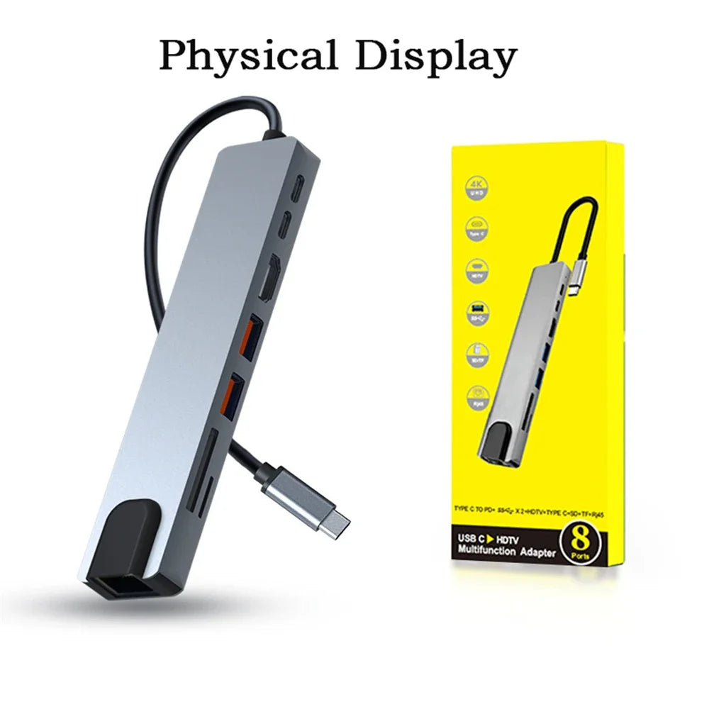 8 In 1 USB C Hub with RJ45 SD/TF Card Reader Type C 3.1 To 4K HD Adapter PD Fast Charge for MacBook Notebook Laptop Computer