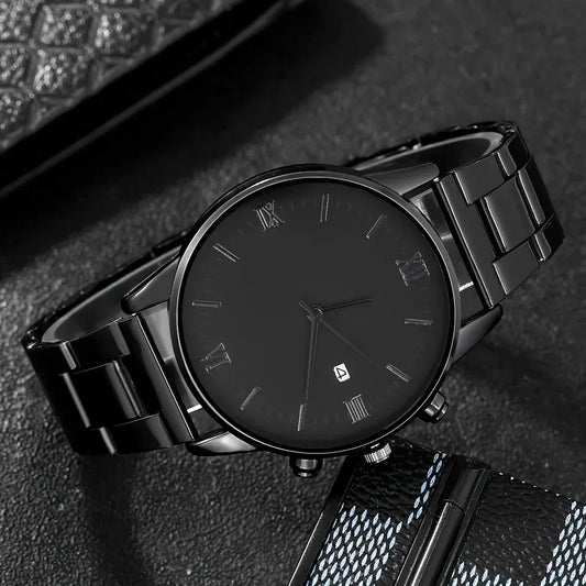 4-piece/set men's black minimalist quartz watch set with bracelet, necklace, and ring -