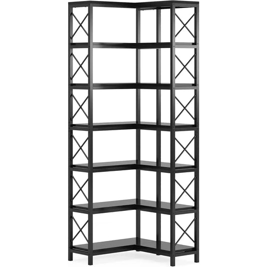 LITTLE TREE 7-Tier Corner Bookcase, 7-Shelf Tall Shelf Storage Display Rack with Metal Frame for Living Room Home Office