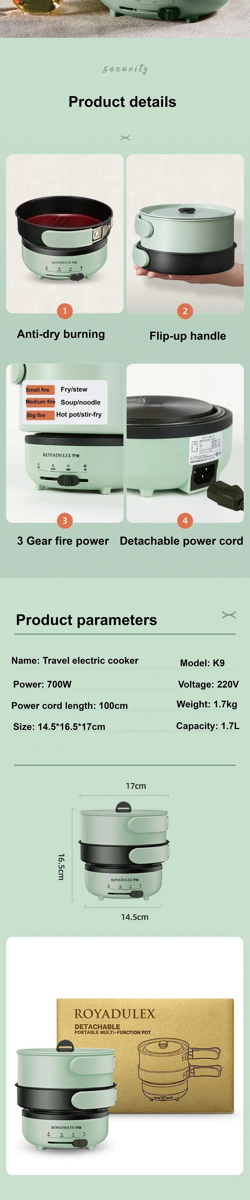 1.7L Folding Electric Cooker 3 Gear Adjustment Non-stick Electric Frying Pan Travel Hot Pot Dormitory Multi-function Pot 220V