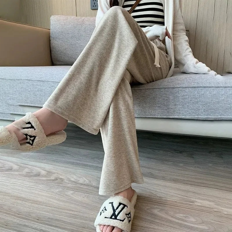 Autumn Winter Plush Pants Women Soft Straight Tube Flared Pants High Elasticity Waist Casual Fashion Knited Woolen Pants