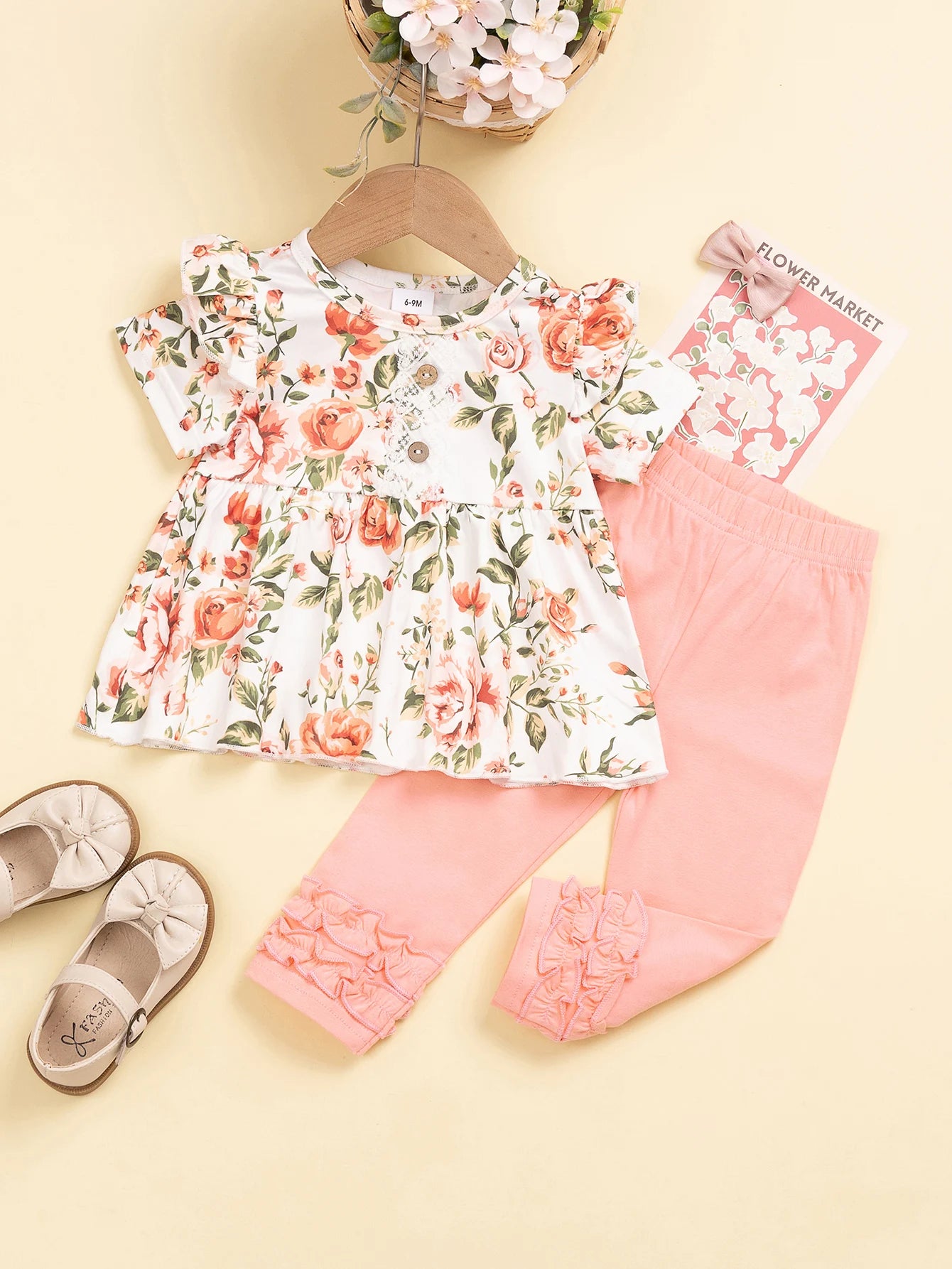 Top Rated Trending Baby Girl (0-4Y) Floral Print Ruffle Top & Lace Trim Pants 2pc Set: Soft Breathable Cotton, Skin-Friendly