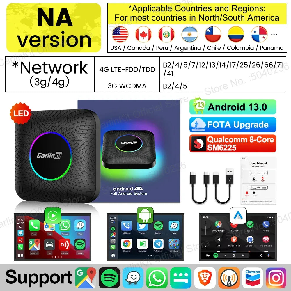 CarlinKit CarPlay Ai Box Android 13 Plus QCM6125 8-core Wireless Android Auto& CarPlay Car USB Adapter FOTA Upgrade For Netflix
