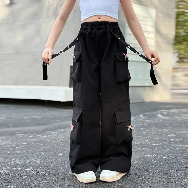 Kids Cargo Pants with Side Pocket for Tweens Girl High Fashion Hip Hop Bow Trousers Child Street Pink Black Trackpants Hot Sell