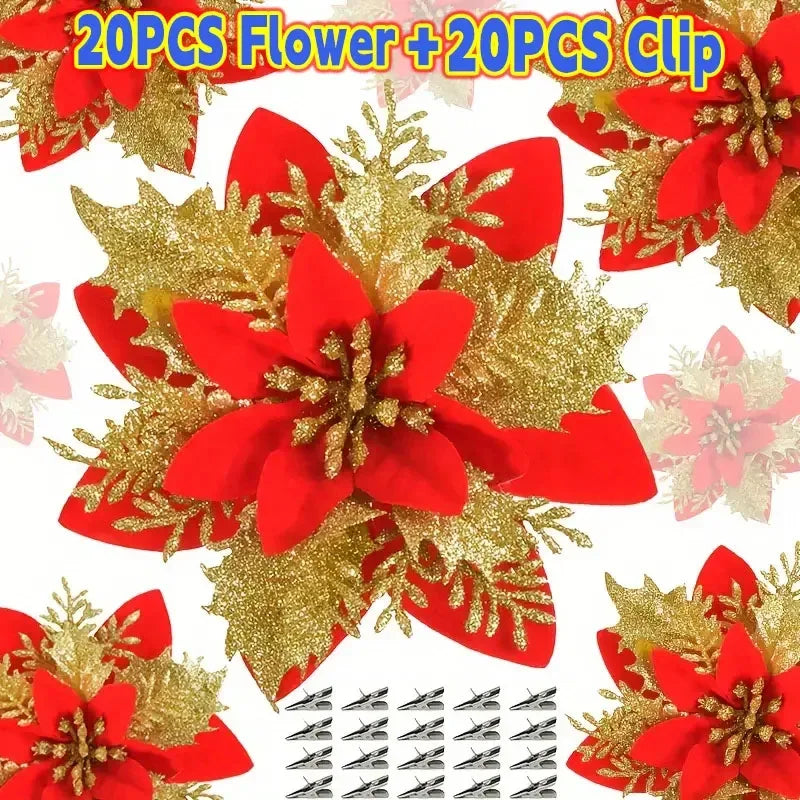 40PCS Artificial Glitter Christmas Flowers with Clips for Xmas Tree Ornament Fake Flower Floral New Year Party Home Decoration