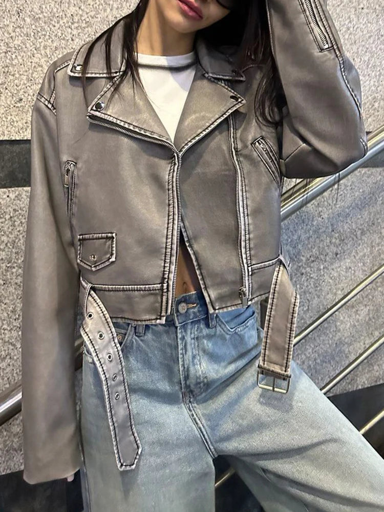 Veste courte ample vintage pour femme Ailegogo en similicuir PU, style vintage, idéale pour le printemps et l'automne. Fermeture éclair et ceinture intégrées. Manteau motard.