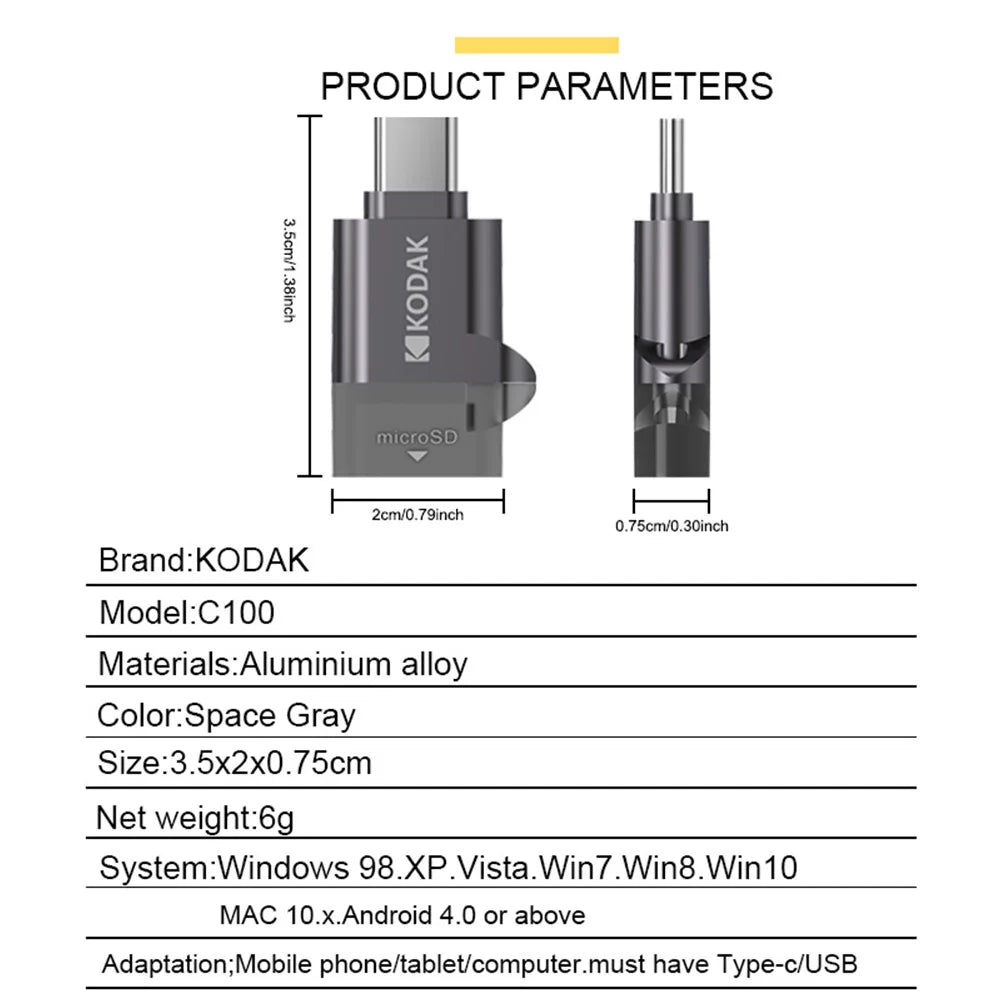 Kodak Type-C Micro SD Card Reader TF Memory Card High-speed Transmission Adapter