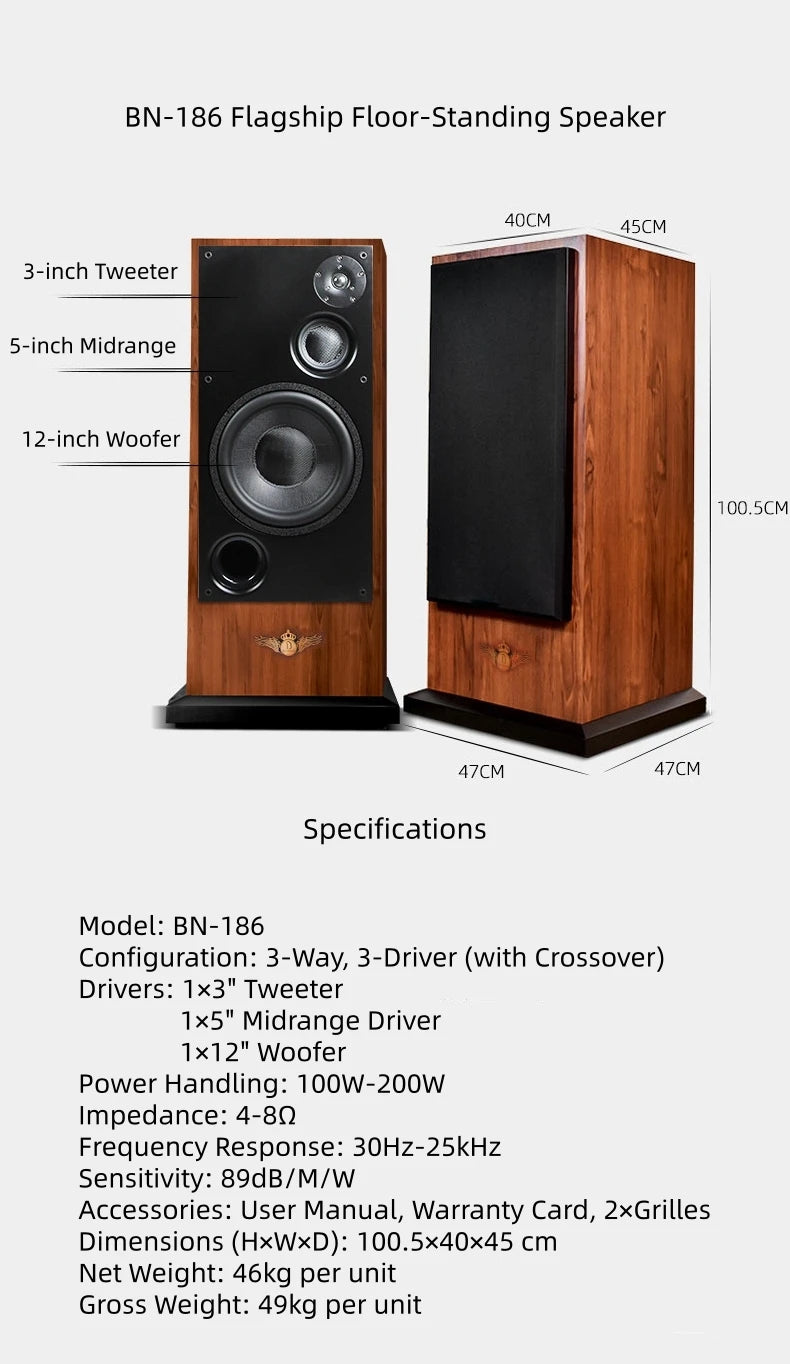 BN-186 3-Way Hi-Fi Floor Standing Speakers, 12-Inch Passive Tower Audiophile System for Home Audio