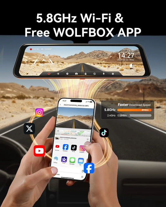 WOLFBOX G850 Front and Rear 4K 5.8Ghz WIFI Voice Control Dash Cam Car Camera WDR 1080P Dash Camera GPS Night Vision 24H Parking