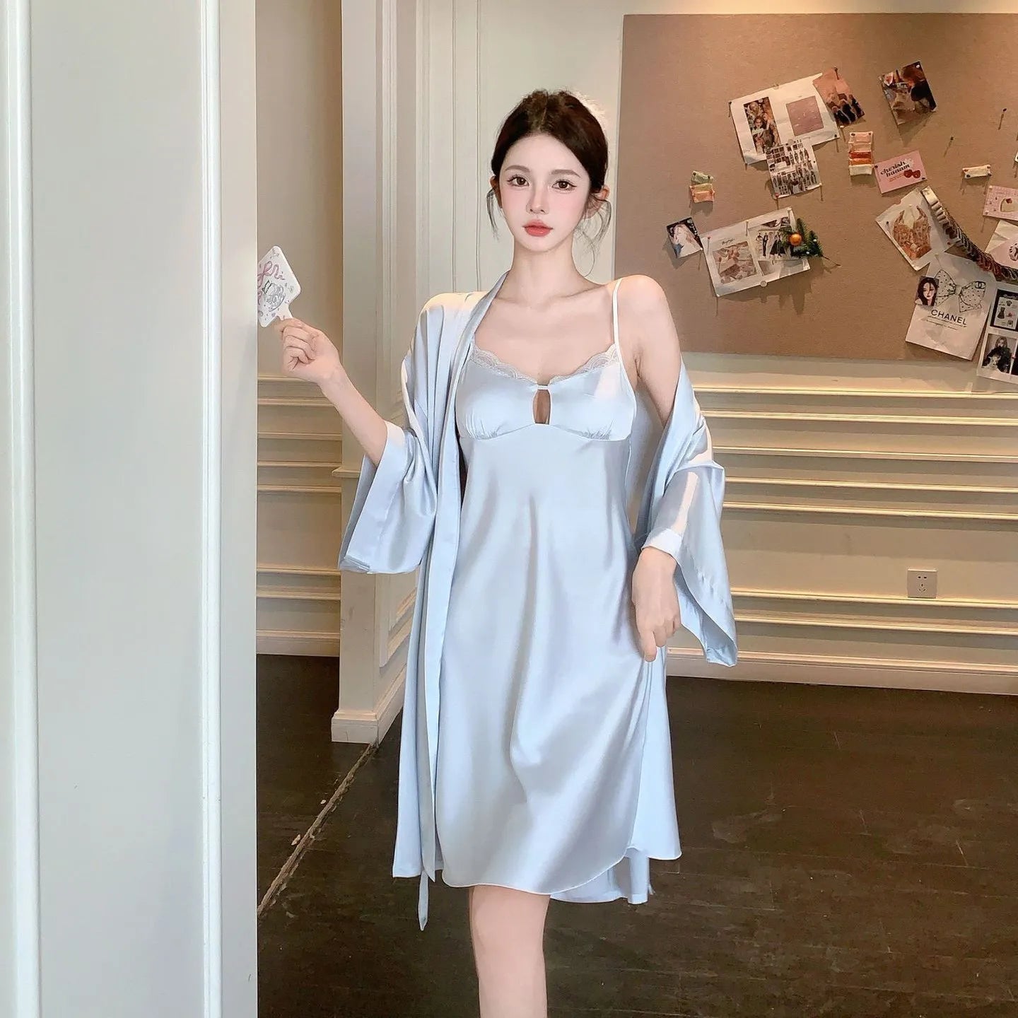 Robe Gown Sets Women Summer Silk Dress Leisure Elegant 2pcs Sleep Lounge Robe Sleepwear Womens Nightdress Soft Bathrobe
