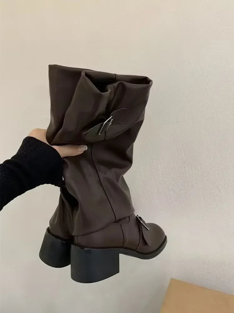 Woman Boots Knee High Platform Chunky Heels Trend Punk Gothic New Rock Leather Fashion Women's Shoes Motorcycle Footwear Q221