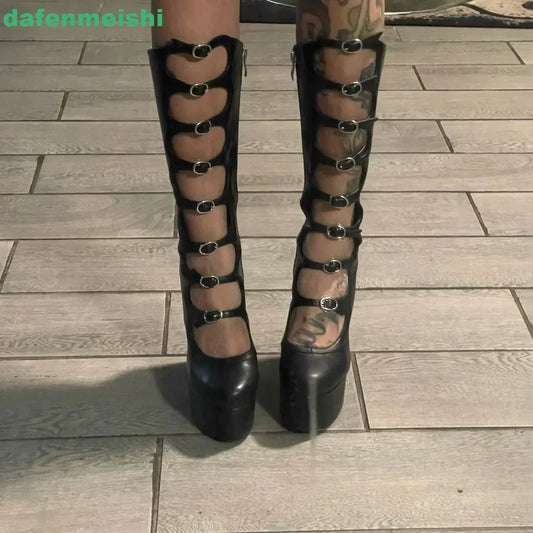 2026 New Women Pole Dance Shoes Hollow Mid-Calf Boots Platform Zipper Square Heel Buckle Strap Fashion Round Toe Sexy Boots by PDG ibma