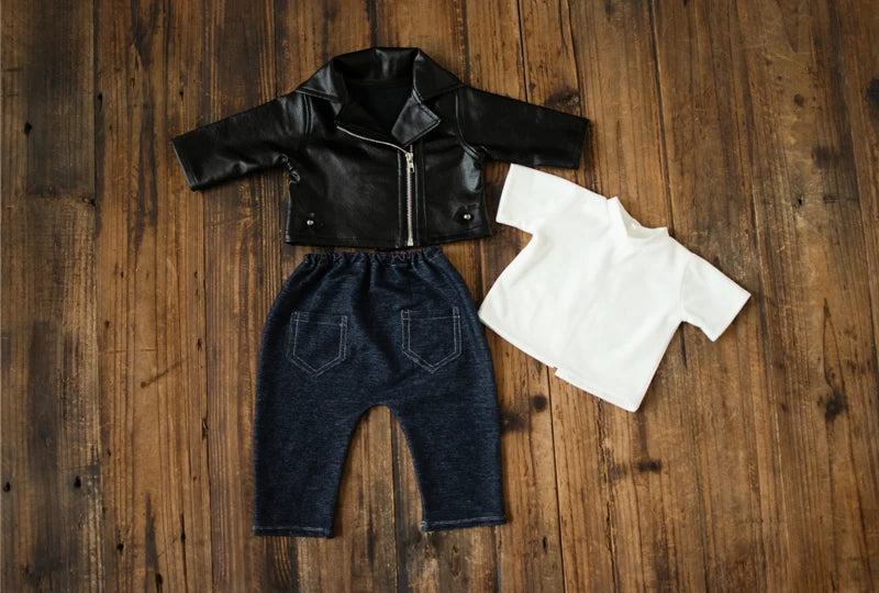Newborn Photography Clothes for Baby Boy Cool Leather Jacket Clothing Musician Guirar Set Props for Studio Photoshoot Props
