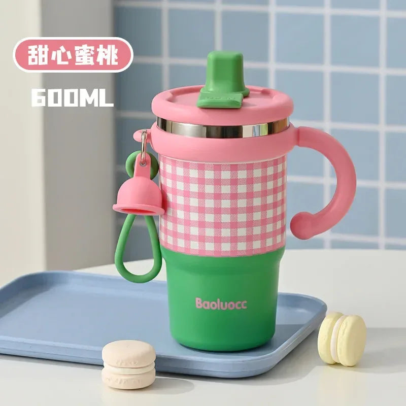2025 New Girls Office 316 Stainless Steel Thermos Cup Household Handle Student Straw Cup Double Drink Bingba Cup Coffee Mug