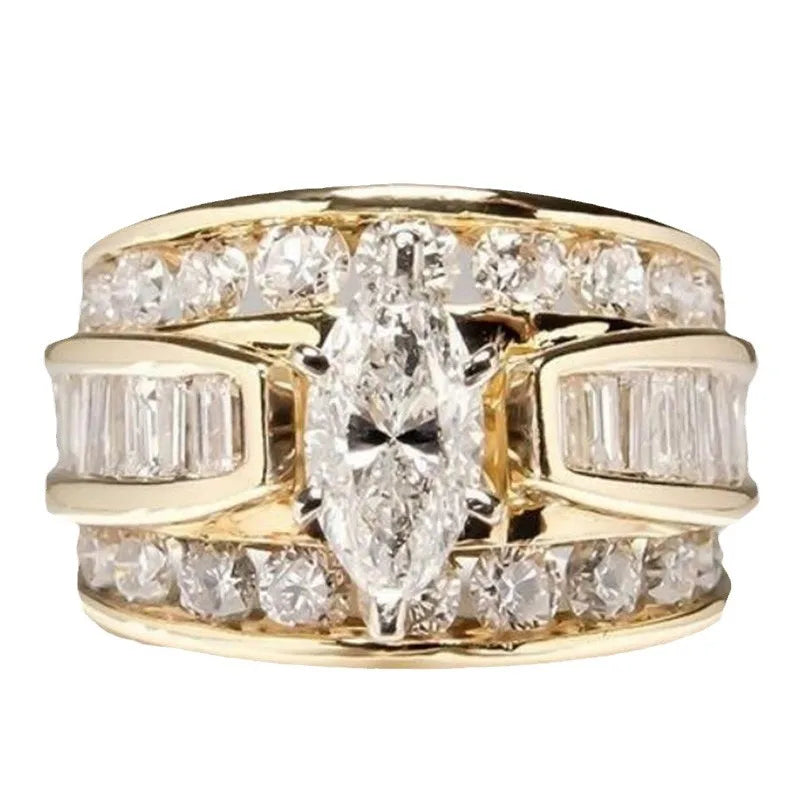 Gorgeous Three-Row White Zircon Engagement Rings Fashion Gold Color Party Anniversary Wedding Rings for Women Christmas Gifts