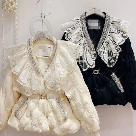 Cotton Padded Women's Coat Winter Parkas Sweet Heavy Industry Water Diamond Doll Collar, Waist Cinching Warm Cotton Clothing