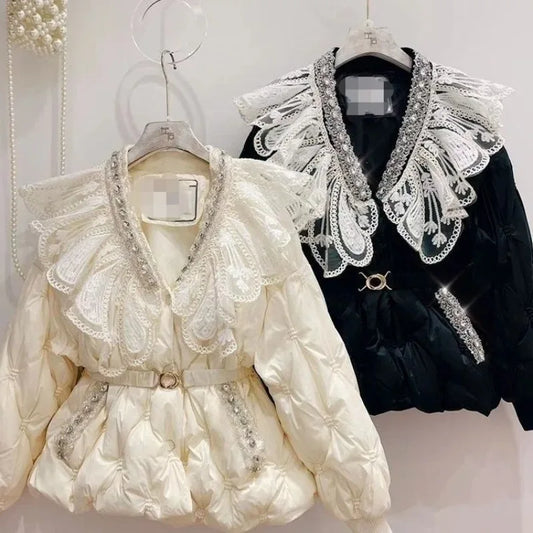 Cotton Padded Women's Coat Winter Parkas Sweet Heavy Industry Water Diamond Doll Collar, Waist Cinching Warm Cotton Clothing