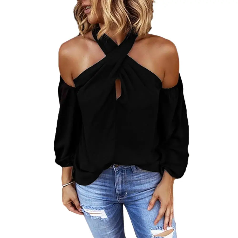 Autumn Halter Off Shoulder White Shirt Women Elegant Commuting Tops Fashion Casual V Neck Long Sleeve Blouses