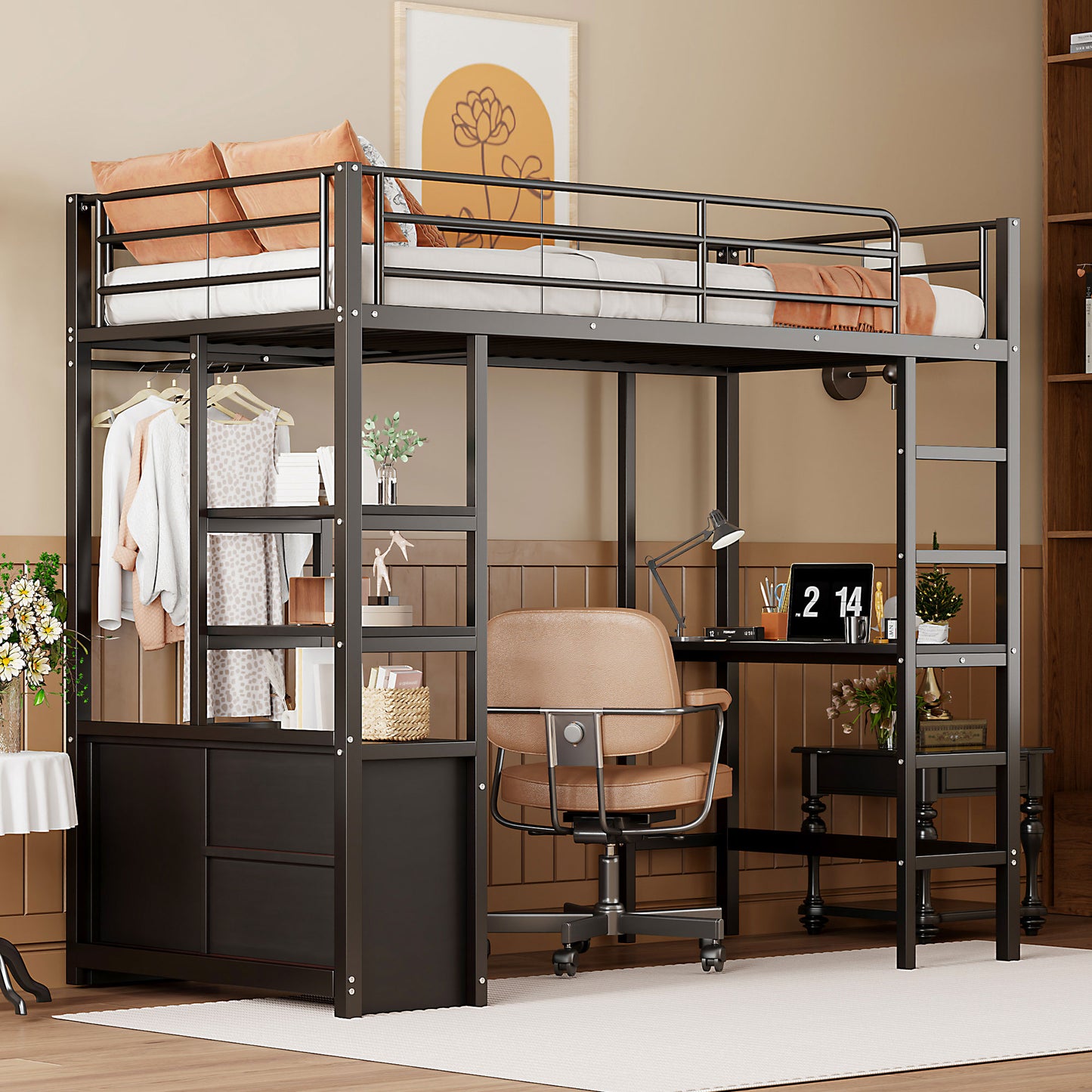 High bed 90 × 200 cm with crash protection, child bed with desk & USB, youth bed with shelves & open storage cabinet