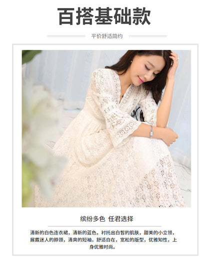Dress Summer New Style Women's Lace V-Neck Slim Waist Dress Korean Style Dress Vacation Women's Beach Dress
