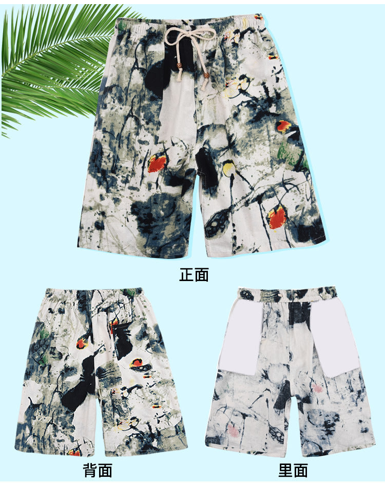 Summer new cotton and linen printed five-point men's beach pants casual sports loose plus size shorts men's thin fashion