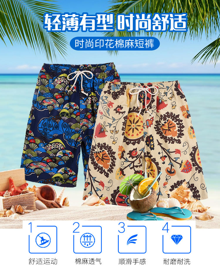 Summer new cotton and linen printed five-point men's beach pants casual sports loose plus size shorts men's thin fashion