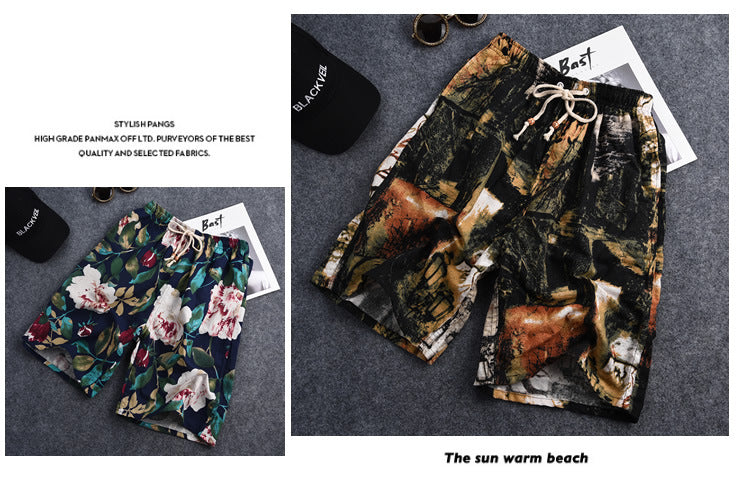 Summer new cotton and linen printed five-point men's beach pants casual sports loose plus size shorts men's thin fashion