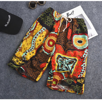 Summer new cotton and linen printed five-point men's beach pants casual sports loose plus size shorts men's thin fashion