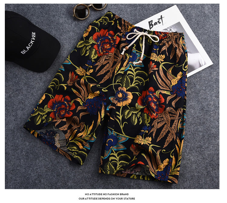 Summer new cotton and linen printed five-point men's beach pants casual sports loose plus size shorts men's thin fashion