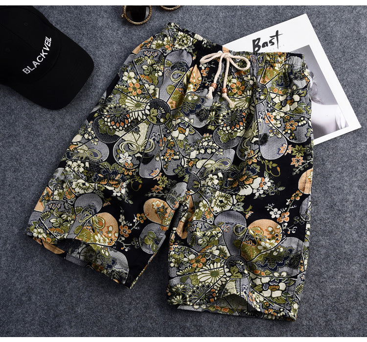 Summer new cotton and linen printed five-point men's beach pants casual sports loose plus size shorts men's thin fashion