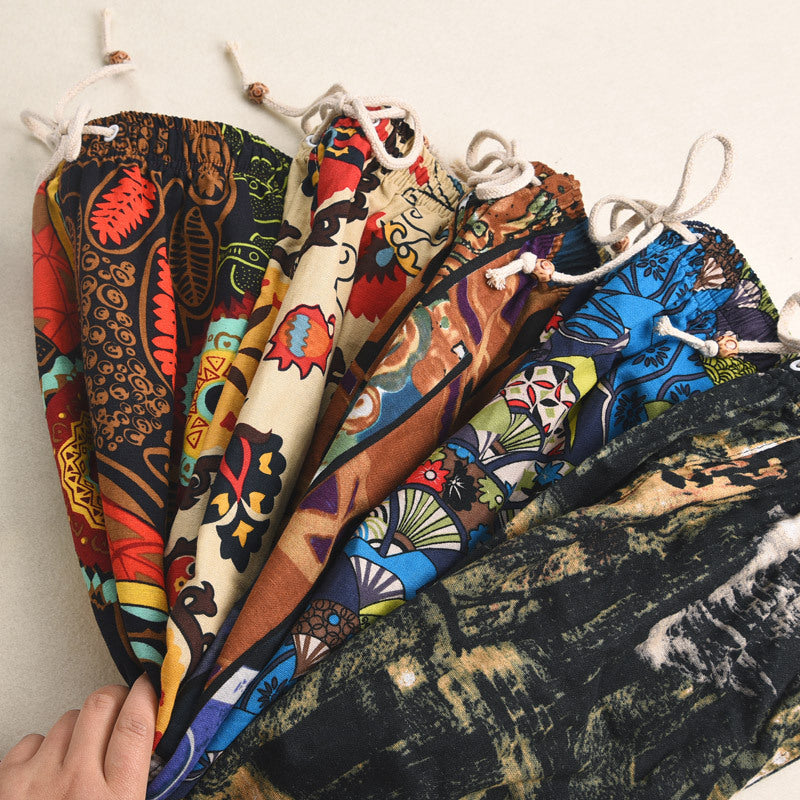 Summer new cotton and linen printed five-point men's beach pants casual sports loose plus size shorts men's thin fashion