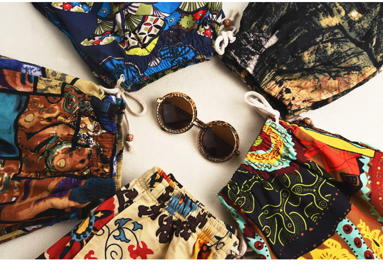 Summer new cotton and linen printed five-point men's beach pants casual sports loose plus size shorts men's thin fashion