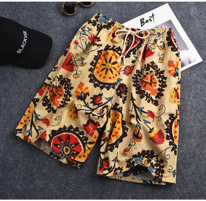 Summer new cotton and linen printed five-point men's beach pants casual sports loose plus size shorts men's thin fashion