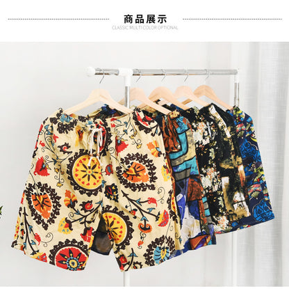 Summer new cotton and linen printed five-point men's beach pants casual sports loose plus size shorts men's thin fashion