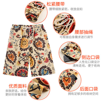 Summer new cotton and linen printed five-point men's beach pants casual sports loose plus size shorts men's thin fashion