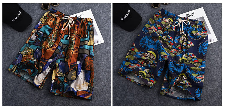 Summer new cotton and linen printed five-point men's beach pants casual sports loose plus size shorts men's thin fashion
