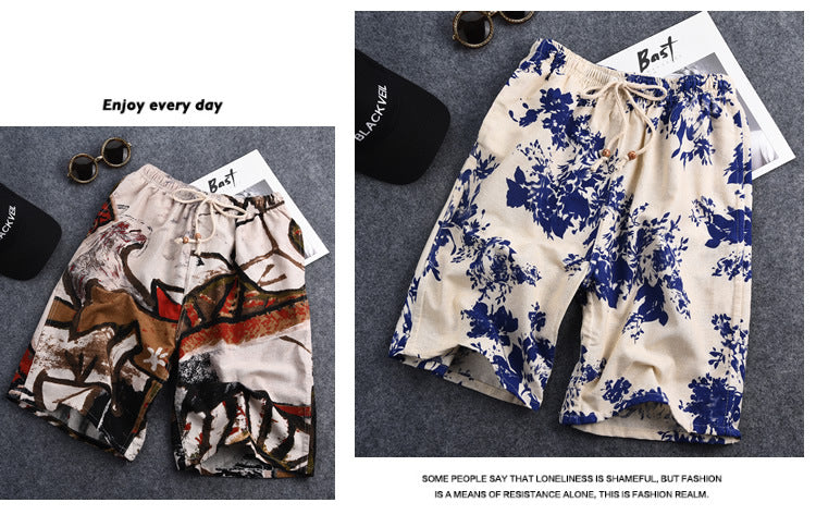 Summer new cotton and linen printed five-point men's beach pants casual sports loose plus size shorts men's thin fashion